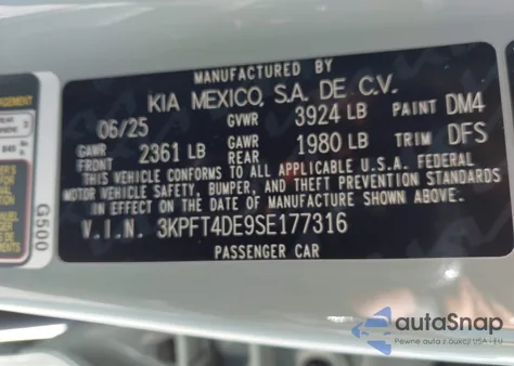 2025 Kia K4 Lxs z USA, uszkodzony, nr VIN 3KPFT4DE9SE177316